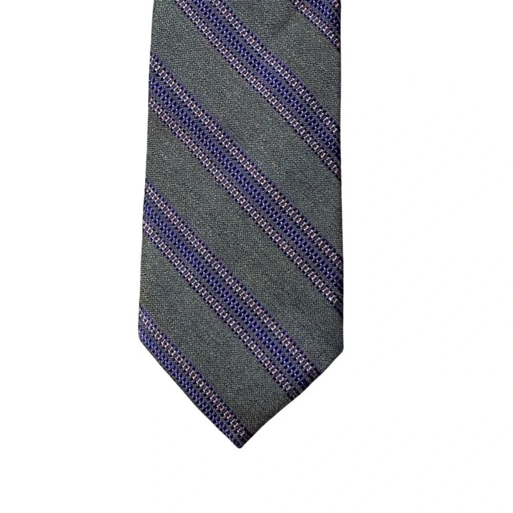Cristalle Laurel Mens Silk Necktie Grey Purple Striped Made in USA 59 Inch Tie